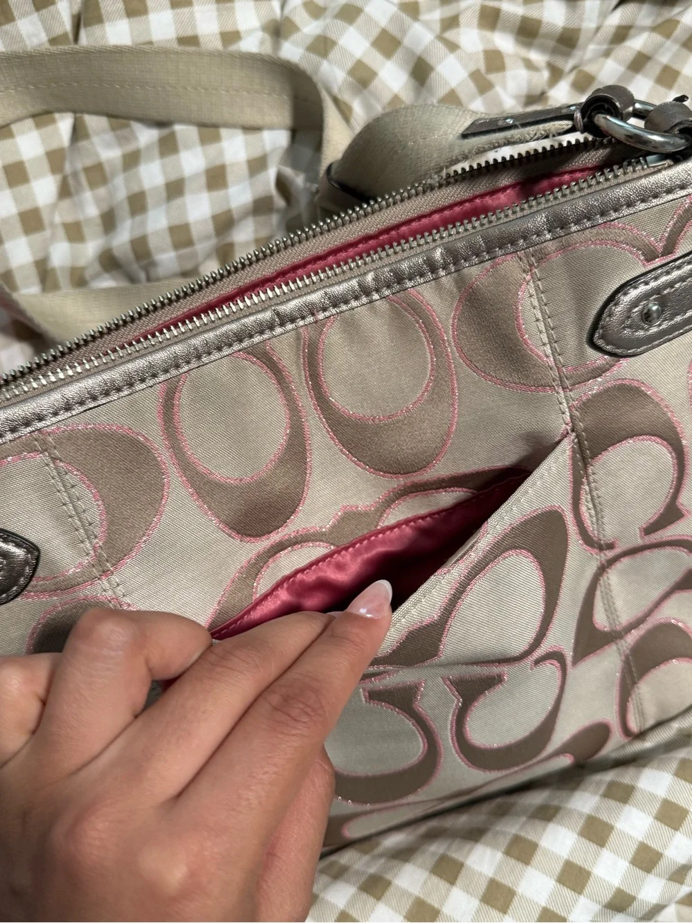 Coach Beige Crossbody with Pink Stitching Detail